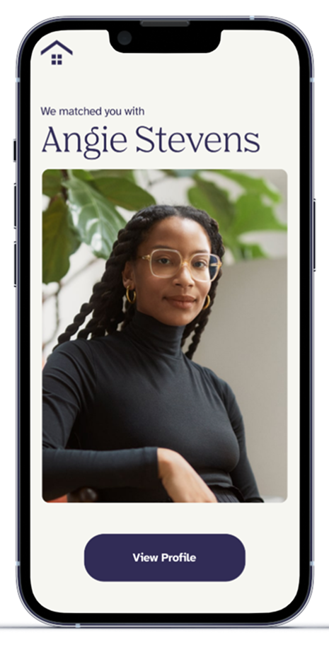The Shana app showing a matched caregiver, Angie Stevens, with her photo and a button to view her full profile