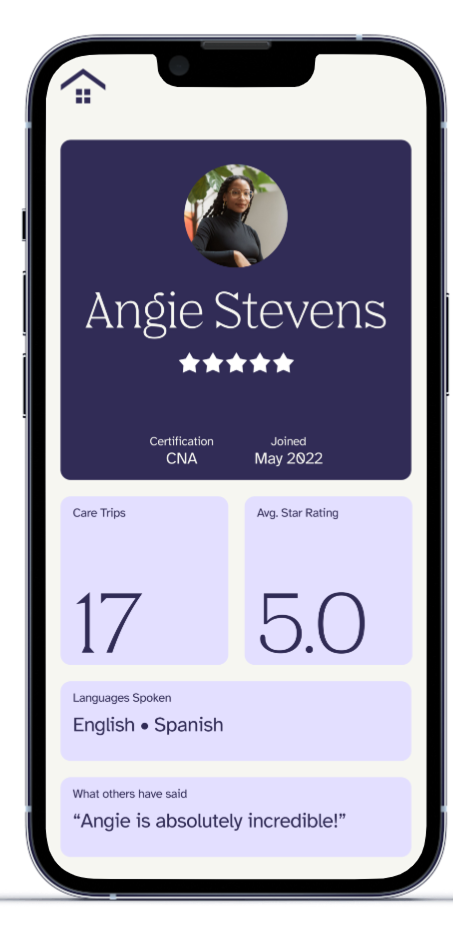 A caregiver profile in the Shana app showing certification, join date, completed care trips, average star rating, languages spoken, and client feedback